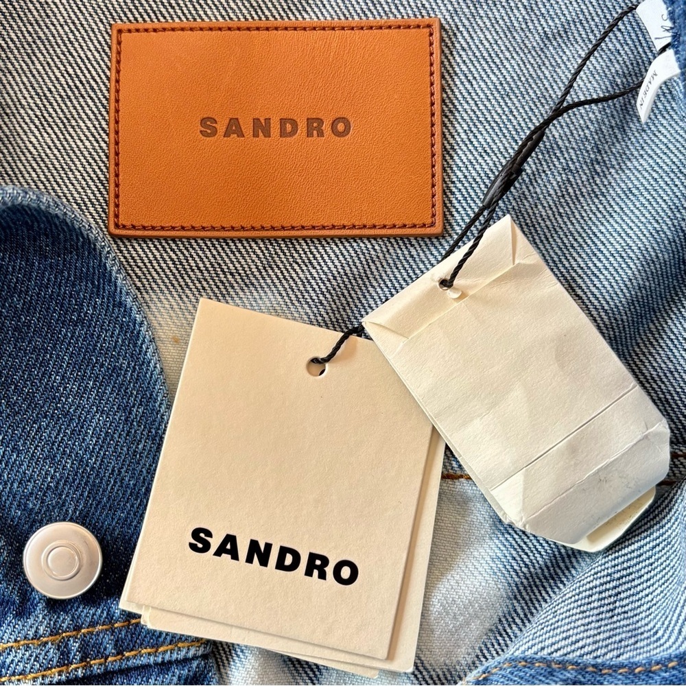 SANDRO French Luxury Brand from Paris Blue Denim Jacket with Tie Die Back. - Picture 7 of 13